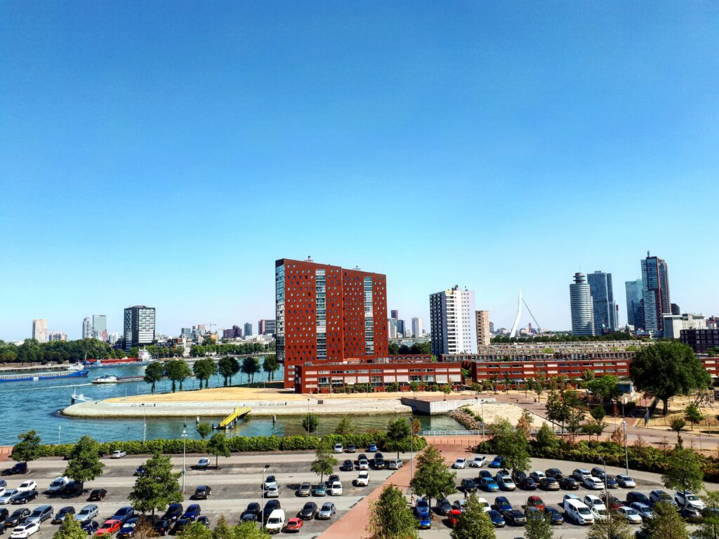 The Rotterdam skyline, visible from the upper deck of the SS Rotterdam, a former cruise ship now permanently moored in Rotterdam.